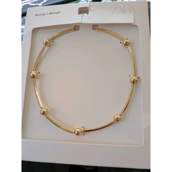 Zara Necklace Women SS25 18" Golden Metal Curved Tube Bead Stations Minimalist - Picture 9 of 9